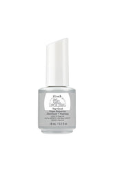 Frontal view of ibd Just Gel Polish Top Coat with 14 ml bottle flask with printed label text and product details